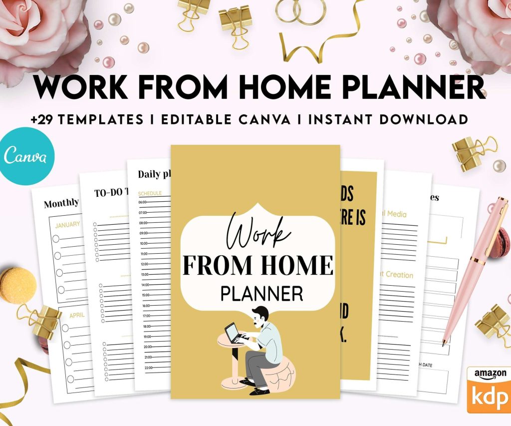 Work From Home Planner, Productivity planner, Working from home, freelancer solopreneur business planner, Canva Editable Templates 8,5×11 inch, KDP interior