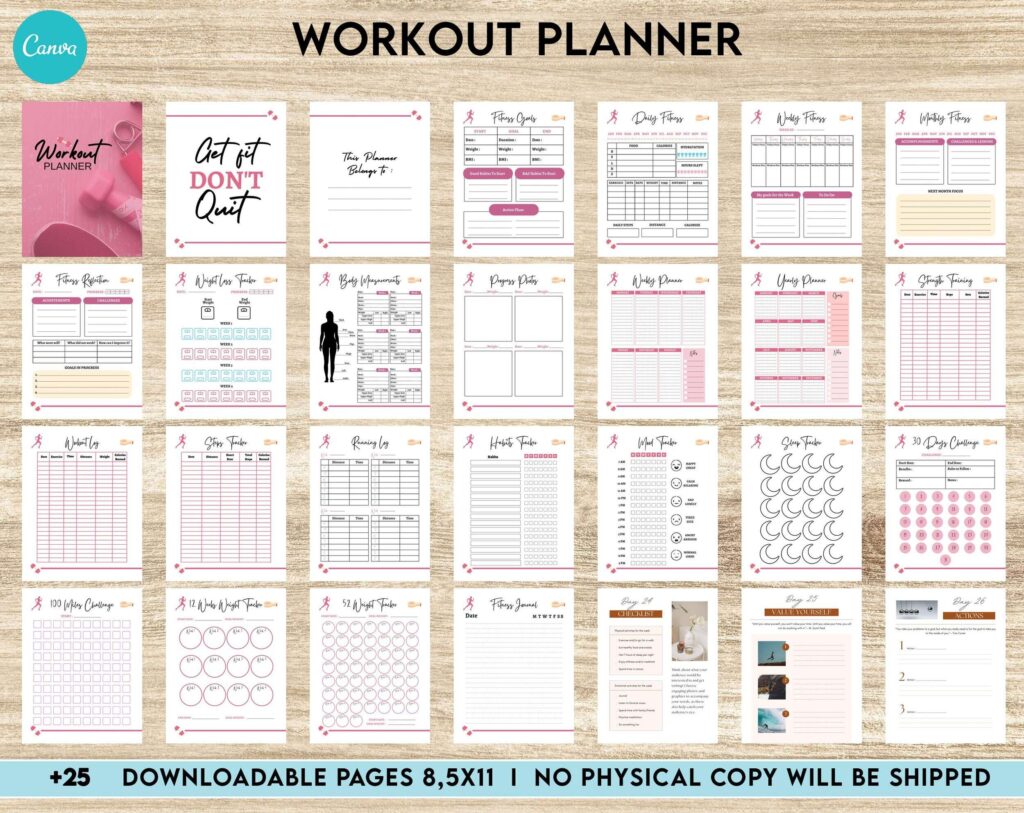 Workout Planner, exercise tracker , Fitness Journal, workout journal, Canva Editable Templates 8,5×11 inch, KDP interior
