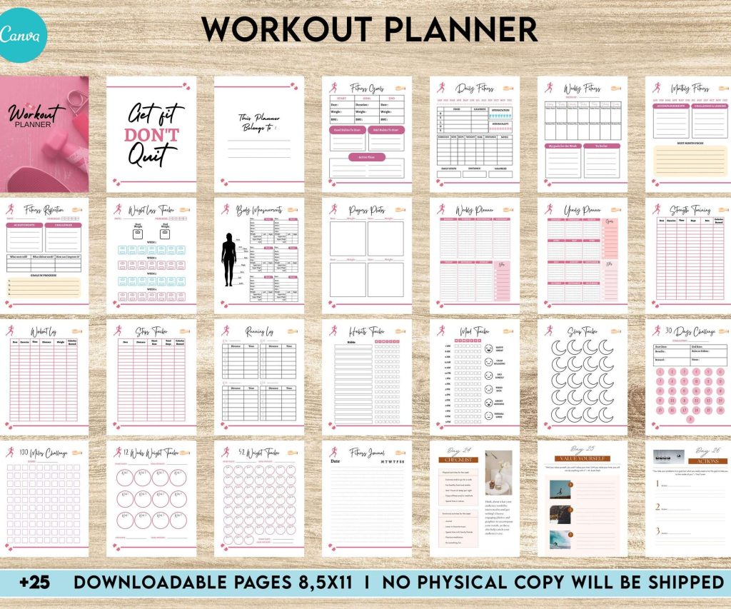 Workout Planner, exercise tracker , Fitness Journal, workout journal, Canva Editable Templates 8,5×11 inch, KDP interior