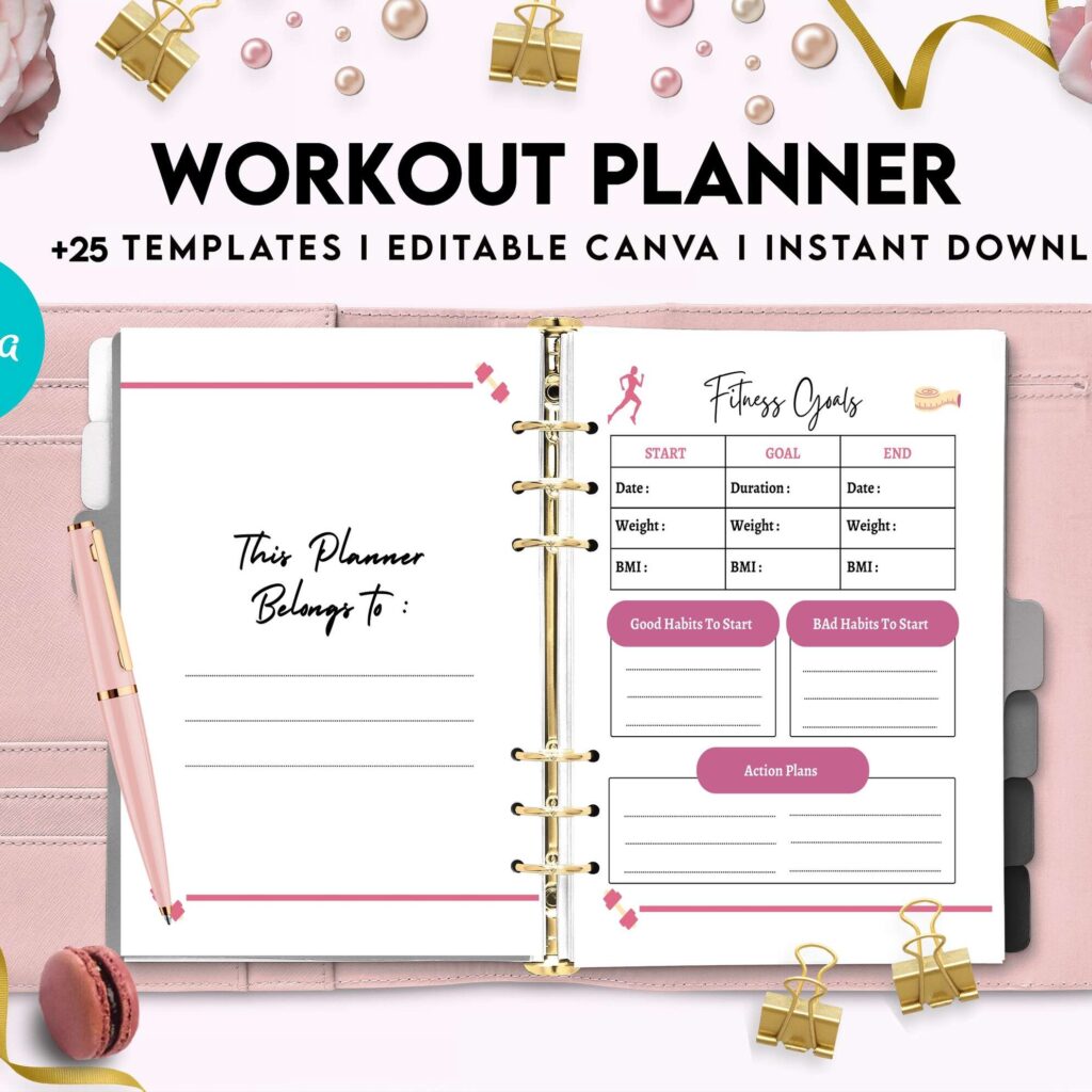 Workout Planner, exercise tracker , Fitness Journal, workout journal, Canva Editable Templates 8,5×11 inch, KDP interior