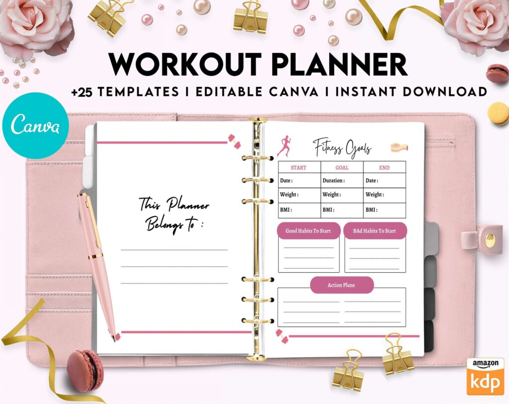 Workout Planner, exercise tracker , Fitness Journal, workout journal, Canva Editable Templates 8,5×11 inch, KDP interior