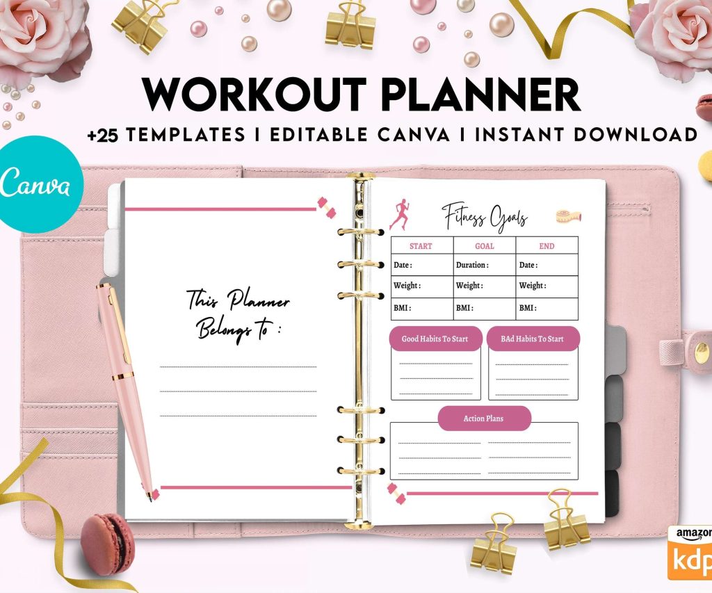 Workout Planner, exercise tracker , Fitness Journal, workout journal, Canva Editable Templates 8,5×11 inch, KDP interior