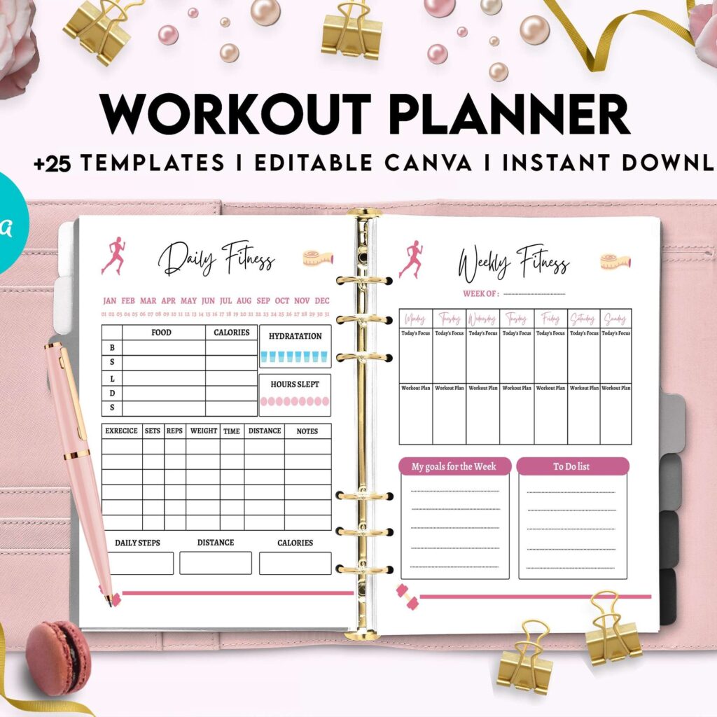 Workout Planner, exercise tracker , Fitness Journal, workout journal, Canva Editable Templates 8,5×11 inch, KDP interior