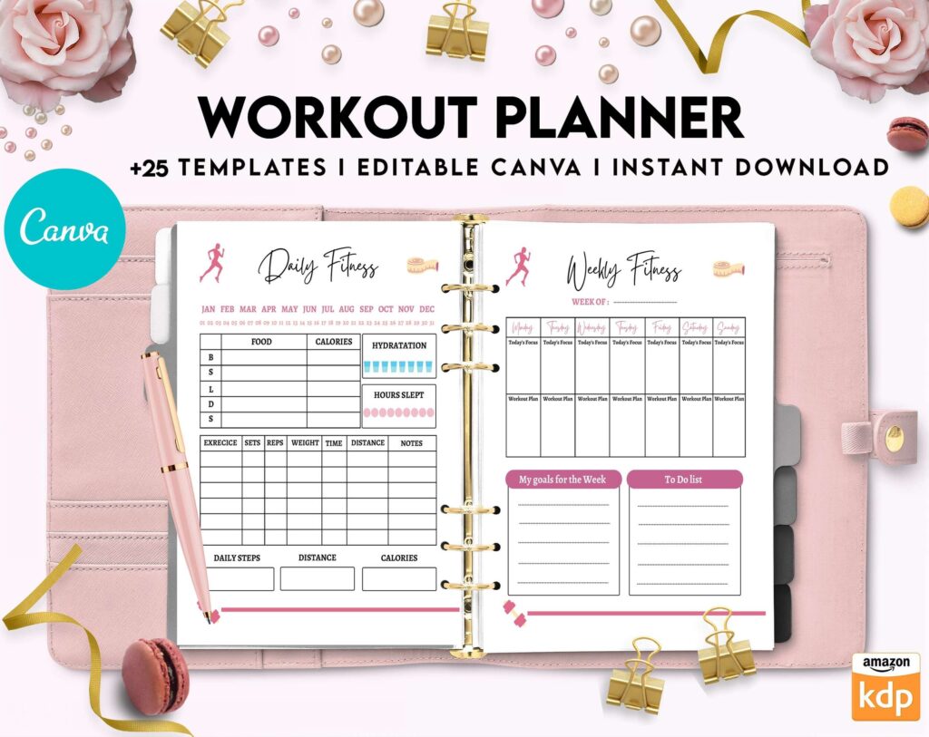Workout Planner, exercise tracker , Fitness Journal, workout journal, Canva Editable Templates 8,5×11 inch, KDP interior
