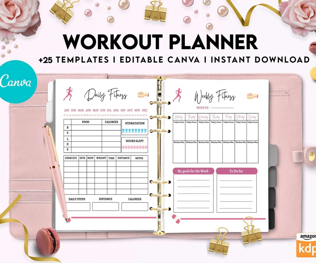 Workout Planner, exercise tracker , Fitness Journal, workout journal, Canva Editable Templates 8,5×11 inch, KDP interior