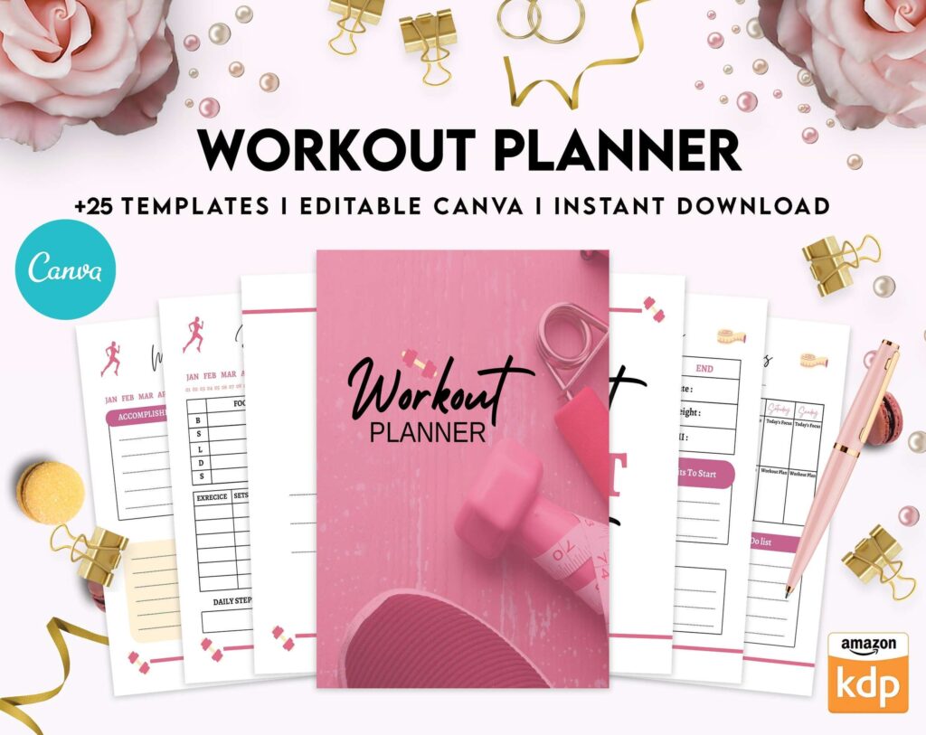 Workout Planner, exercise tracker , Fitness Journal, workout journal, Canva Editable Templates 8,5×11 inch, KDP interior