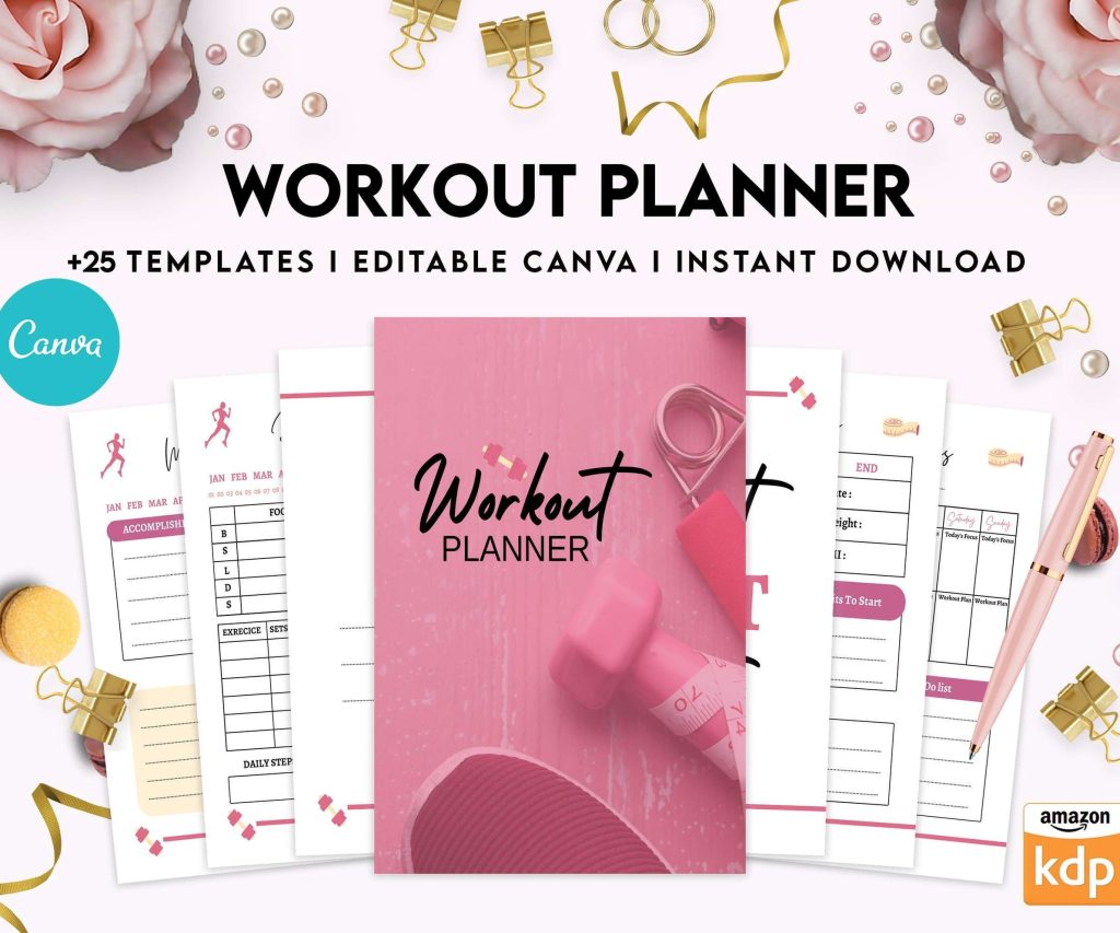 Workout Planner, exercise tracker , Fitness Journal, workout journal, Canva Editable Templates 8,5×11 inch, KDP interior