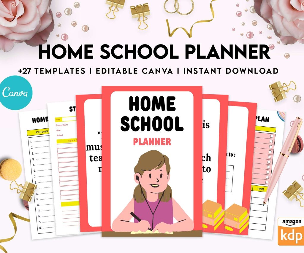Home School Planner, homeschool daily planning, homeschooling lesson schedule Canva Editable Templates 8,5×11 inch, KDP interior