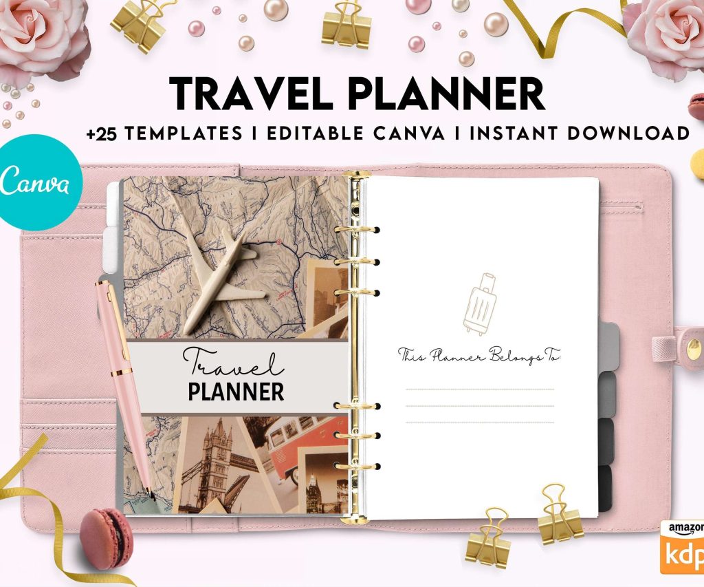 Travel Planner, travel checklist , trip organizer, vacation planner, travel itinerary Canva Editable Templates 8,5×11 inch, KDP interior