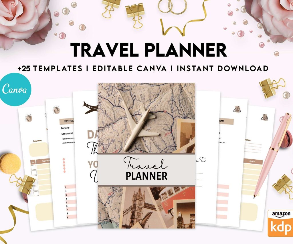 Travel Planner, travel checklist , trip organizer, vacation planner, travel itinerary Canva Editable Templates 8,5×11 inch, KDP interior